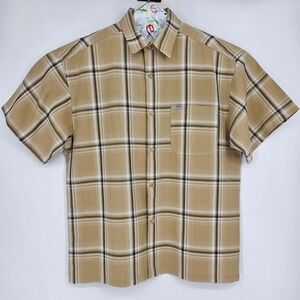 Caltop Shirt Mens XL Tan Black Plaid Cholo Chicano Short Sleeve Button Up